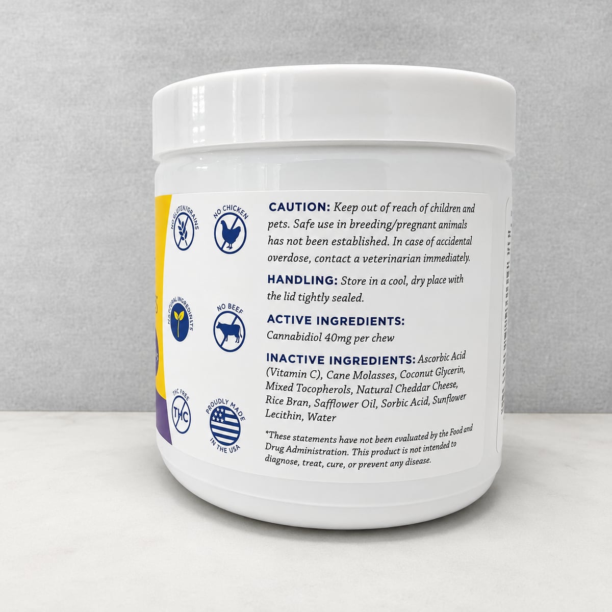 Companion CBD hard chews 40mg back label — Cannabidiol 40mg per chew with caution, handling, and inactive ingredients