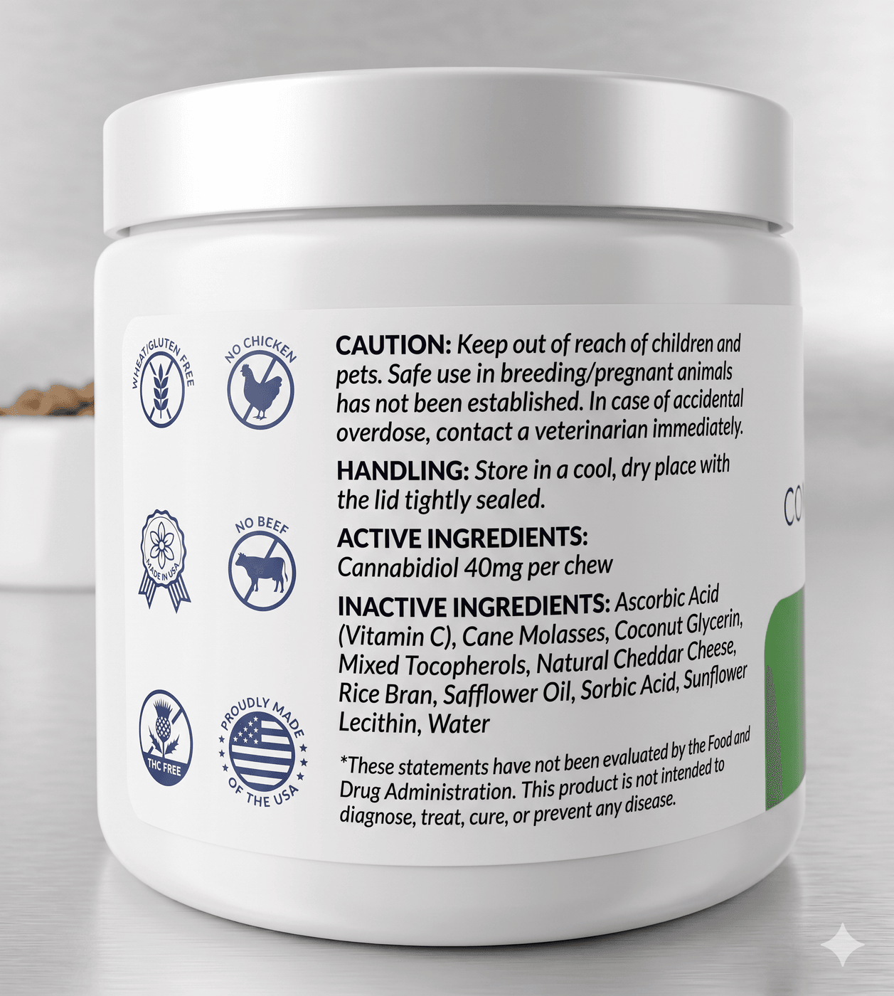 Companion CBD hard chews 40mg back label — Cannabidiol 40mg per chew with caution, handling, and inactive ingredients