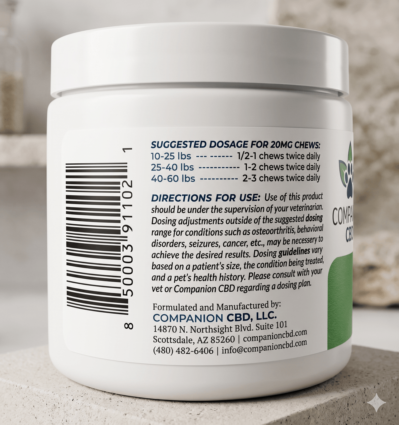 Companion CBD soft chews 20mg back label — suggested dosage for medium dogs 10–60 lbs and directions for use