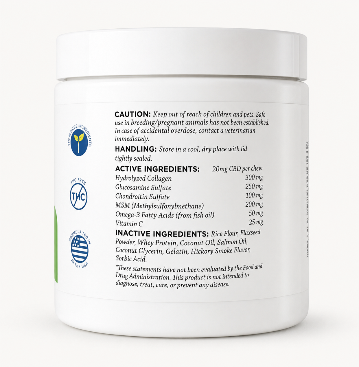Companion CBD soft chews 20mg back label — active and inactive ingredients with caution and handling instructions