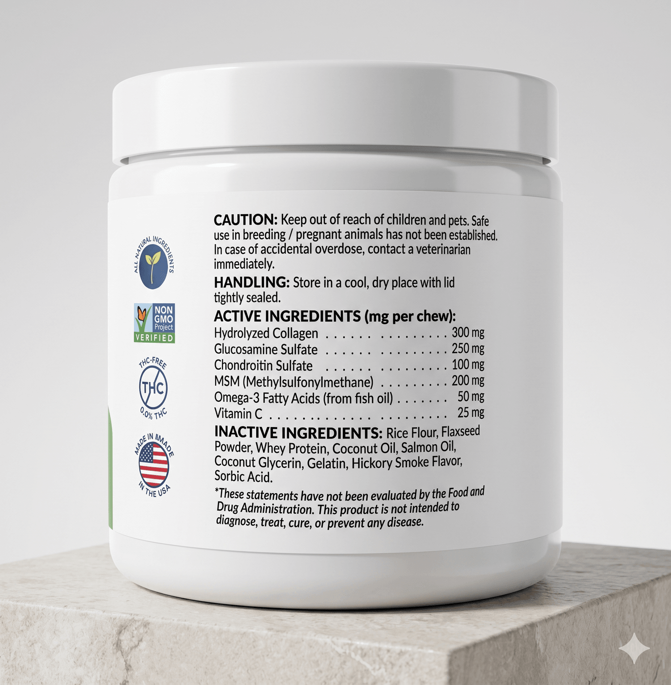 Companion CBD soft chews 20mg back label — active and inactive ingredients with caution and handling instructions