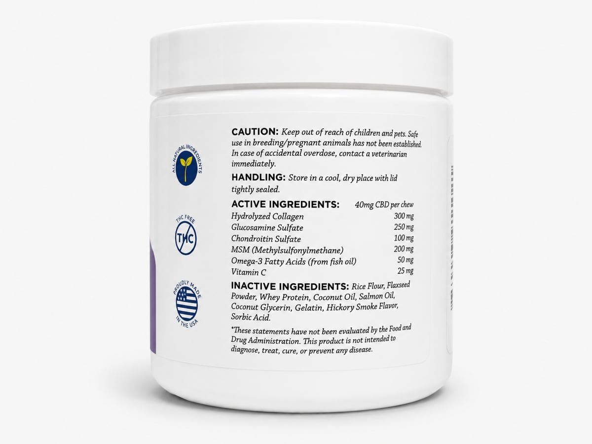 Companion CBD soft chews 40mg back label — active and inactive ingredients with caution and handling instructions