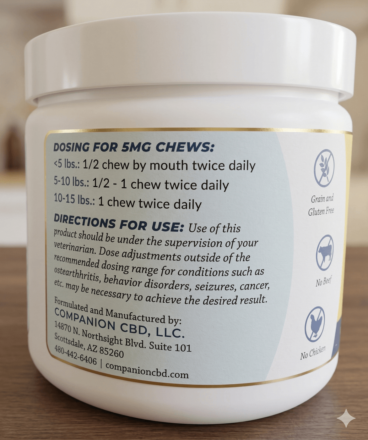 Companion CBD soft chews 5mg back label — dosing chart for cats and small dogs under 15 lbs and directions for use